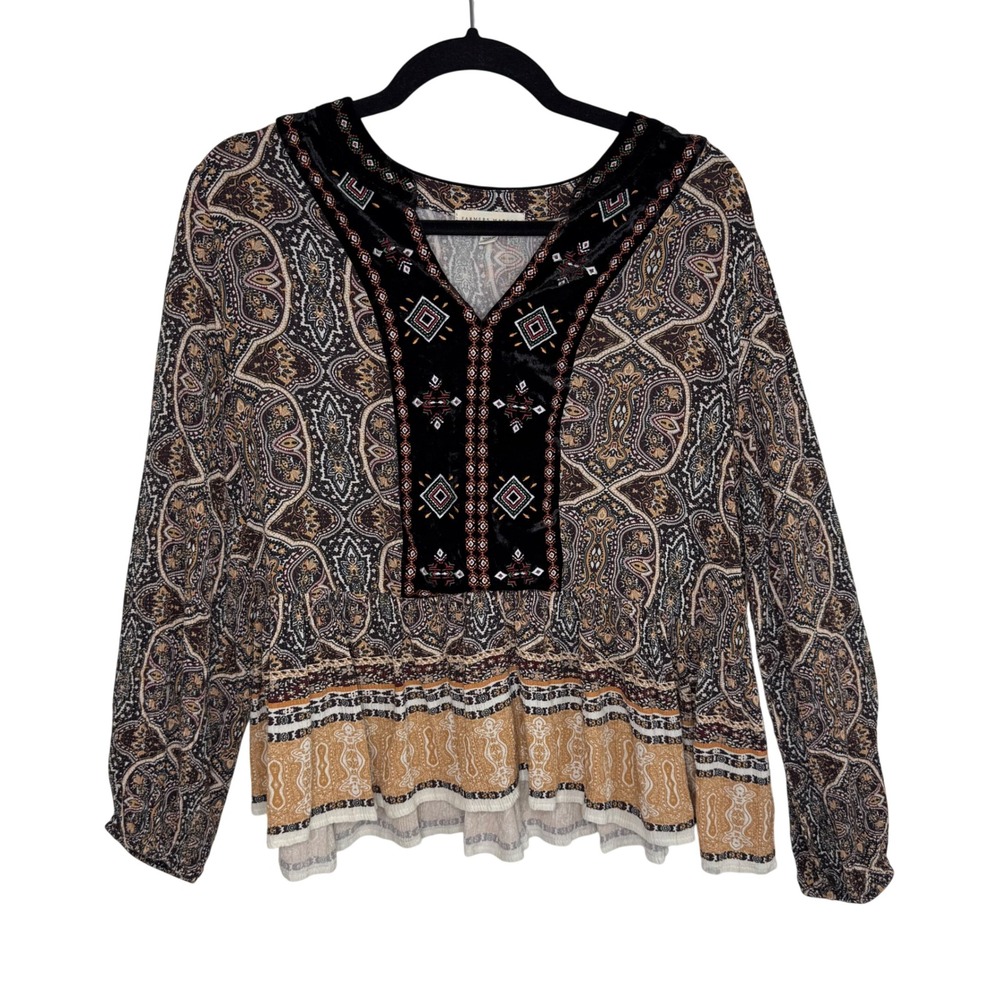 Farmers Market Boho Paisley Peplum Blouse Brown Velvet Yoke Embroidered Sz Large